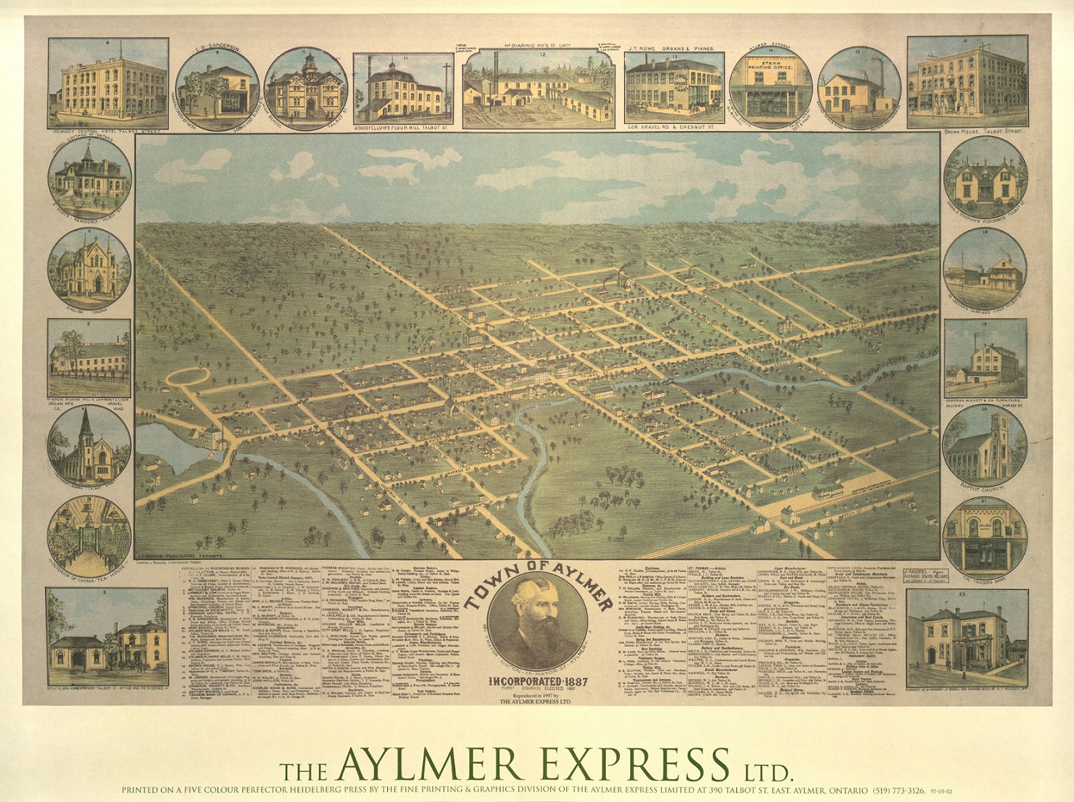 Image of the map of the town of Aylmer for sale at the Aylmer Museum. Depicts a bird's eye view of the town, and has images of various buildings around town at the border.