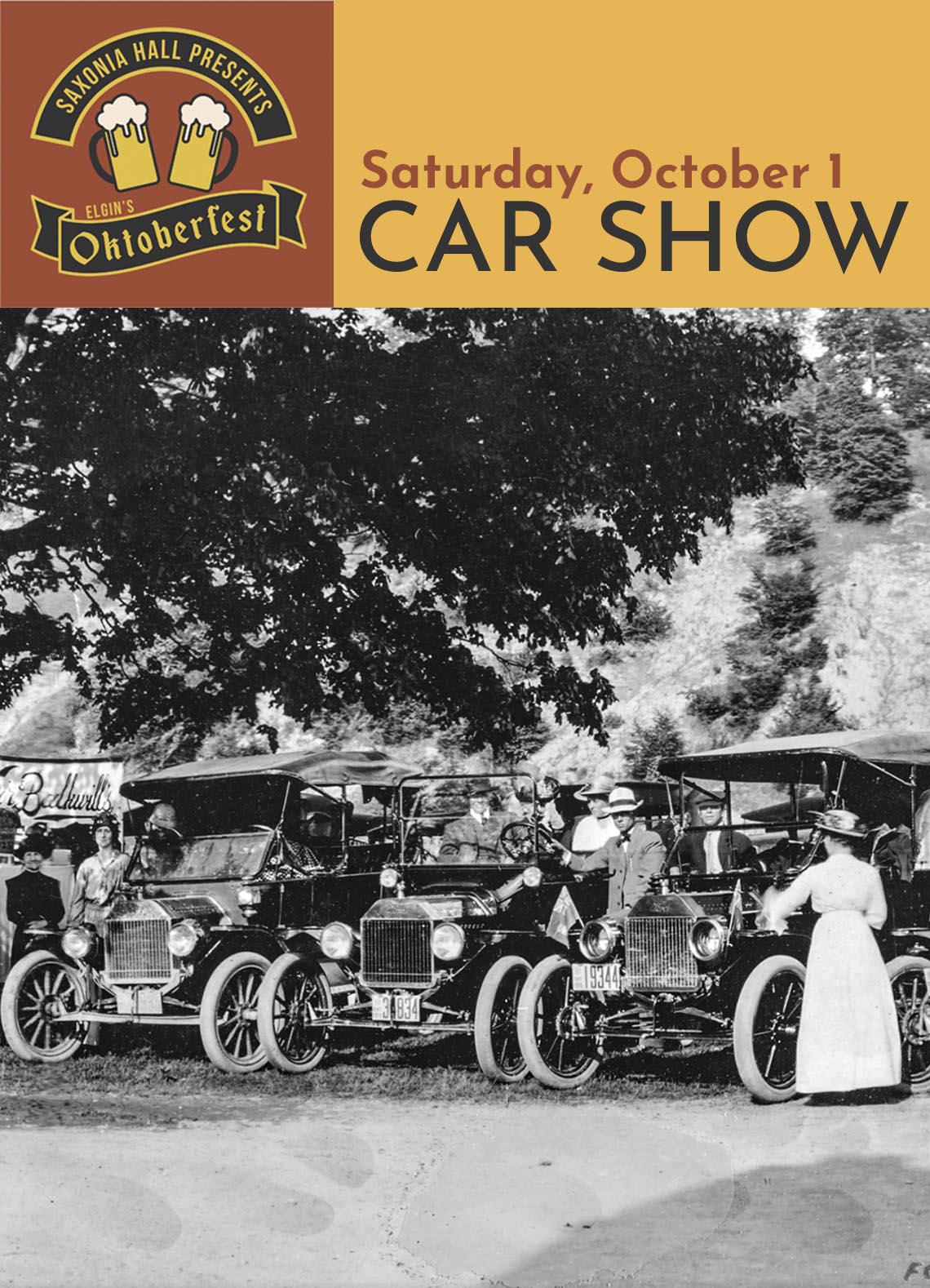 Graphic reads "Saturday, October 1 CAR SHOW" and "SAXONIA HALL PRESENTS ELGIN'S Oktoberfest" above an image of the 1915 Ford picnic in Port Bruce, including a row of Model T vehicles. 
