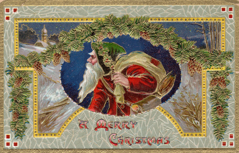Postcard depicting Santa Claus in profile amid decorative garlands.