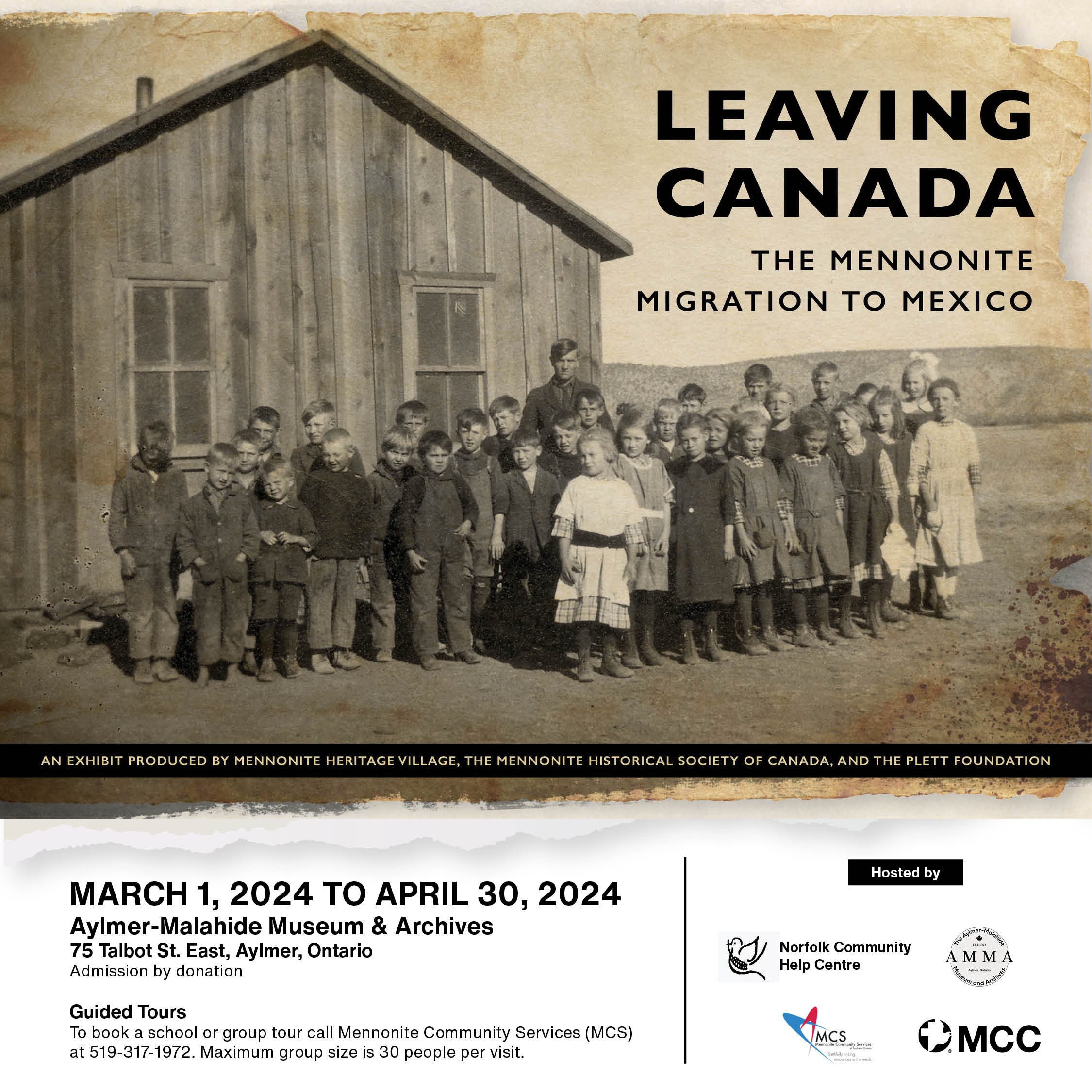 March 1 to April 30, 2024, Aylmer-Malahide Museum & Archives, 75 Talbot St. E., Aylmer, Ontario, Admission by donation. Guided Tours: To book a school group or tour call Mennonite Community Services (MCS) at 519-317-1972. Maximum group size is 30 people per visit.