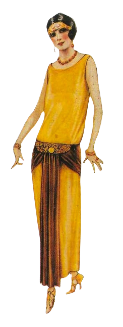 Illustration of a woman wearing an "Egyptian Revival" dress, orange in colour, with a sash around her waist.