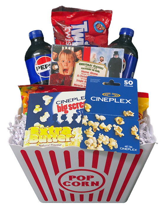 A plastic popcorn container containing the below-listed items.