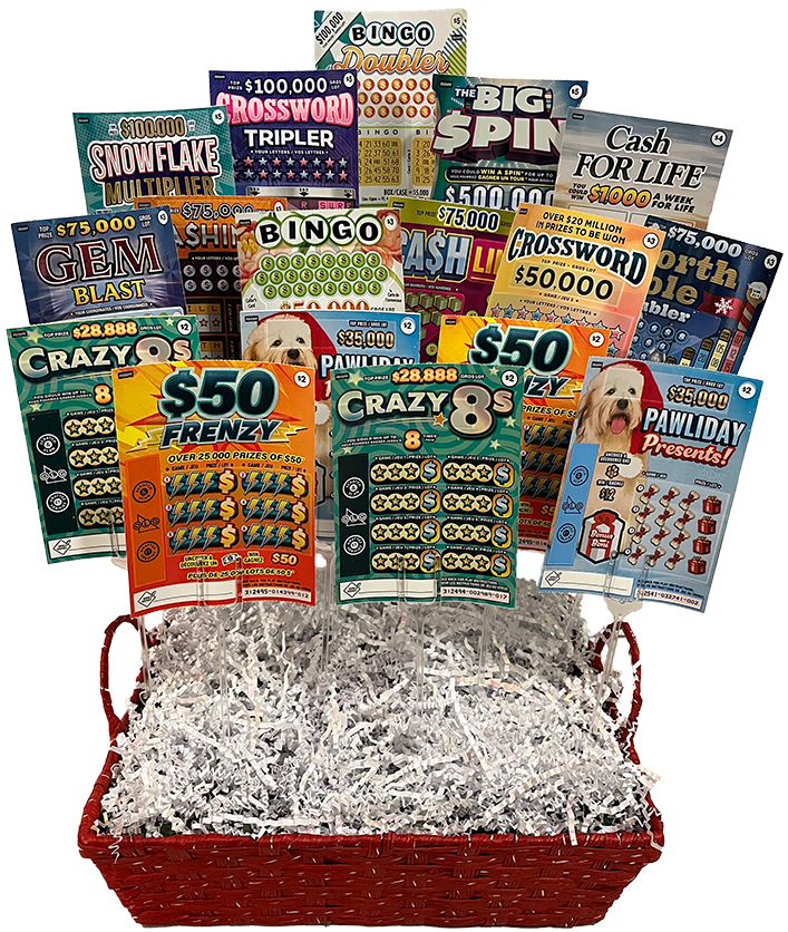 red basket containing scratch tickets suspended from floral picks