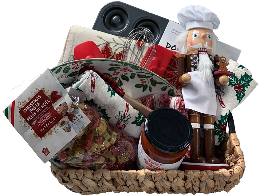 the above-described items in a wicker basket