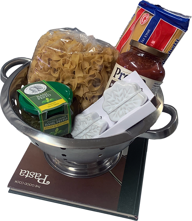 pasta and sauces arranged within a colander on top of a cookbook