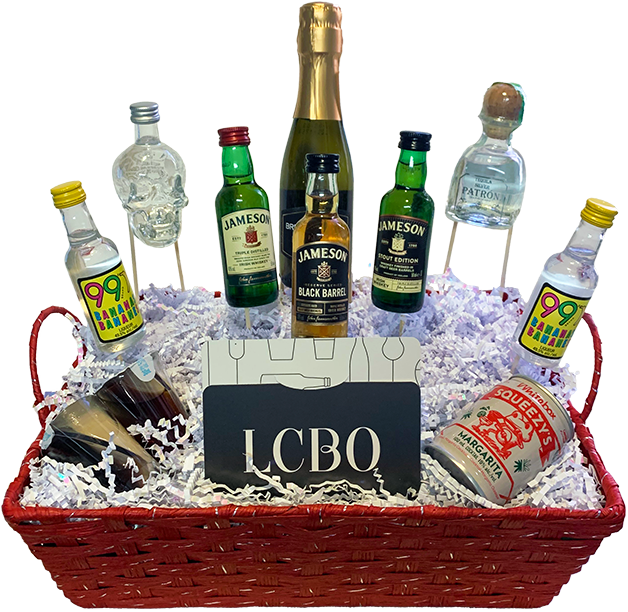 red basket containing small bottles suspended from skewers