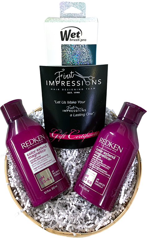 the above-described items in a wooden basket with decorative shred