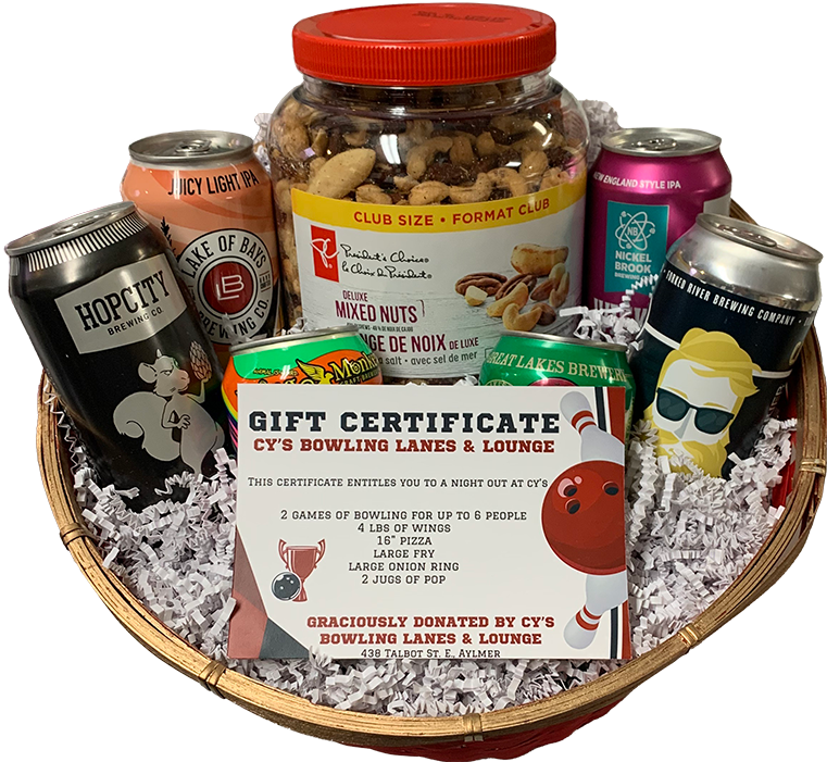 the above-described items in a wooden basket with decorative shred