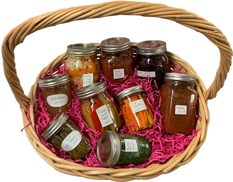collection of jarred preserves within a wicker basket with decorative shred