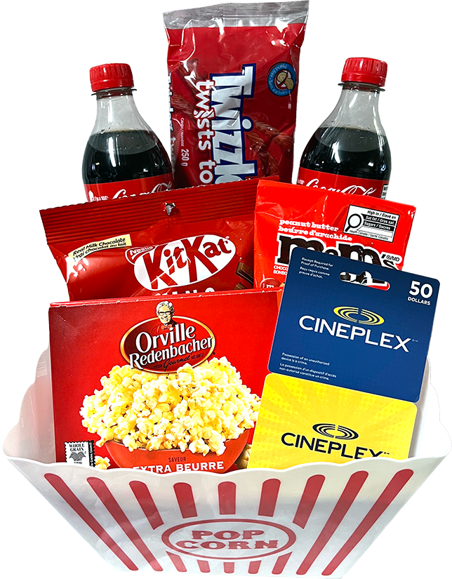 the above-described items within a popcorn bucket with decorative shred
