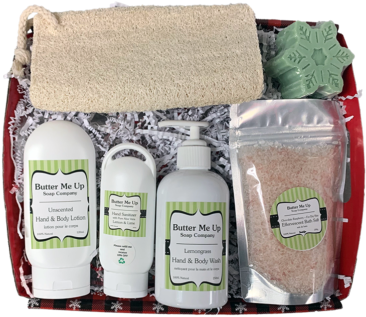 the above-described item in a christmas-themed cardboard basket